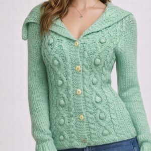 Free people sweater cardigan green sea foam floral buttons grannie core mohair